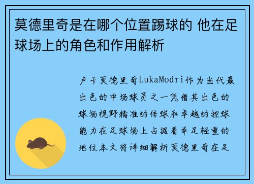莫德里奇是在哪个位置踢球的 他在足球场上的角色和作用解析