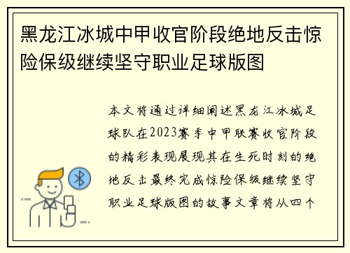 黑龙江冰城中甲收官阶段绝地反击惊险保级继续坚守职业足球版图